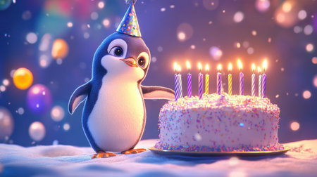 A charming and cute penguin celebrates its birthday beside a colorful cake adorned with candles, surrounded by a festive atmosphere filled with snow and balloons.の素材