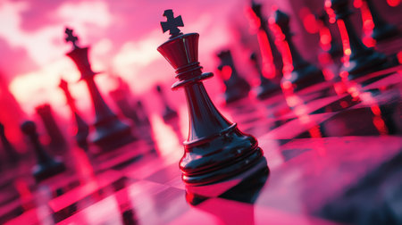 A captivating close-up of a black chess king piece positioned on a polished board, illuminated by dramatic lighting, symbolizing strategic depth and competition.の素材