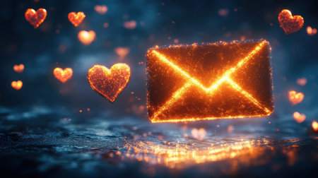 A glowing envelope surrounded by floating hearts in a mystical setting. This vibrant digital artwork symbolizes love, connection, and communication. Perfect for romantic themes.の素材