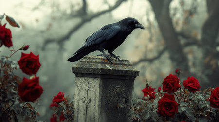 A striking raven perches on an ancient gravestone adorned with vibrant red roses, enveloped in a misty atmosphere. This scene evokes feelings of mystery and beauty.の素材