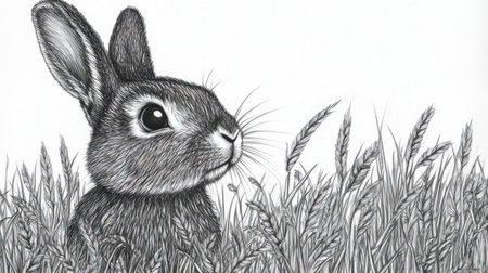 This detailed black and white illustration captures a rabbit amidst tall grass, showcasing its expressive features and serene environment. Perfect for nature-themed projects.の素材