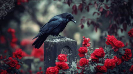 A striking raven perched on a grave marker, surrounded by beautiful red roses. The scene evokes a mysterious and eerie atmosphere, perfect for art or Halloween themes.の素材