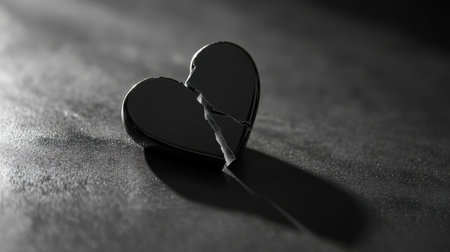 A striking image of a broken heart symbol resting on a dark surface. The contrast between light and shadow evokes emotions of loss and sadness, perfect for expressing heartache.の素材