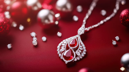 A stunning red gemstone necklace with intricate diamond detailing rests elegantly on a rich velvet background, perfect for showcasing luxury and beauty.の素材