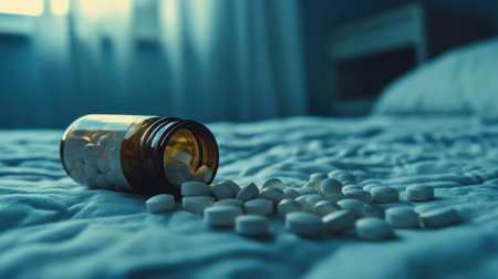 An artistic representation of scattered pills from an open bottle on a bed, showcasing a serene atmosphere with soft lighting and a focus on health and wellness themes.の素材