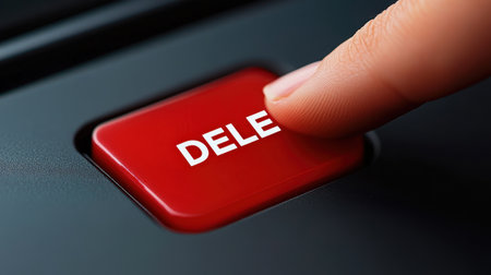 A close-up view of a finger pressing a large red delete button on a keyboard device, symbolizing the action of erasing or removing data in a digital environment.の素材