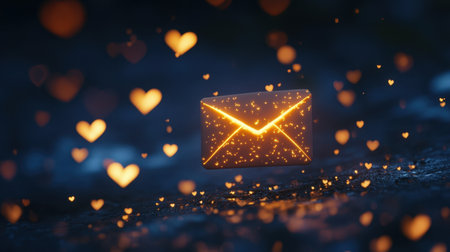 A captivating illustration of a glowing love mail adorned with sparkling hearts, creating a romantic atmosphere perfect for expressing feelings and celebration.の素材