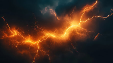 A dramatic display of orange lightning strikes through a dark, cloudy sky, capturing the raw power of nature during a stormy evening.の素材