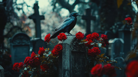A striking raven perched on a weathered tombstone, adorned with vibrant red roses, creates a hauntingly beautiful scene in a quiet graveyard.の素材