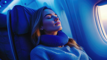 A woman relaxes in her airplane seat with a neck pillow, eyes closed, surrounded by soft blue lighting, embodying tranquility and comfort during her journey.の素材