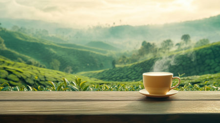 A picturesque view of a steaming cup of tea on a wooden table set against lush green hills at sunrise. The mist creates a tranquil atmosphere.の素材