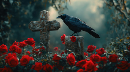 A dark raven rests atop a weathered tombstone adorned with vibrant red roses, creating a striking scene of nature and reflection in a serene garden setting.の素材