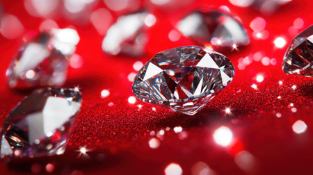 A stunning display of sparkling diamonds set against a rich red velvet background, creating a luxurious and festive atmosphere, perfect for showcasing elegance and beauty.の素材