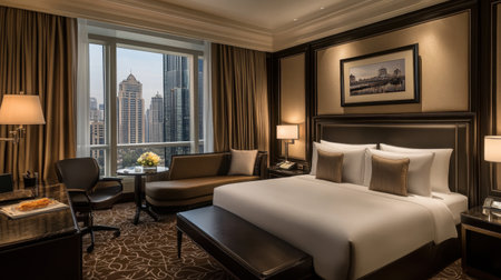 A beautifully designed hotel room featuring a stunning city view, modern furnishings, and a cozy atmosphere perfect for relaxation and business travelers.の素材