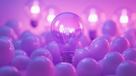 A striking purple light bulb stands out among white spheres, creating a captivating and imaginative atmosphere. Ideal for creative and technology themes.の素材