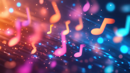 Vibrant and colorful musical notes float over an abstract background with a bokeh effect, creating a lively atmosphere perfect for music themes, celebrations, and events.の素材