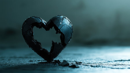 A visually striking sculpture of a broken heart, featuring a cracked surface illuminated by soft, dim lighting. This artistic representation evokes feelings of sadness and vulnerability, making it an ideal choice for themes of emotion and reflection.の素材
