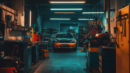 This image showcases a car in a well-organized garage filled with tools and equipment, illuminated by soft lights, creating a modern and inviting workspace atmosphere.の素材