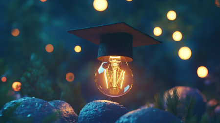 A captivating light bulb wearing a graduation cap floats above a rocky surface, surrounded by a magical, glowing atmosphere that sparks inspiration and creativity.の素材