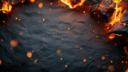 Explore a captivating visual featuring dynamic fire elements illuminating crumpled paper, creating a vibrant and artistic background. Perfect for creative projects.の素材
