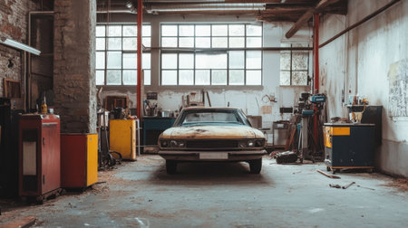 A striking image of an abandoned vintage car sitting alone in a rustic garage. Natural light filters through large windows, highlighting the vehicle's age and the surrounding tools, creating a nostalgic atmosphere.の素材