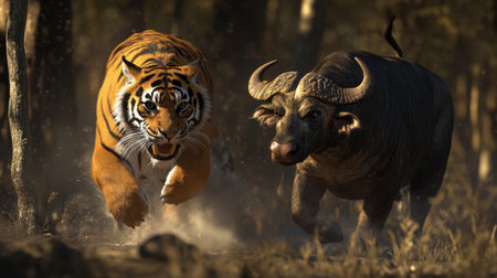 A stunning scene captures a tiger fiercely chasing a buffalo through a dense forest, showcasing the raw power of nature and the instinct of survival.の素材