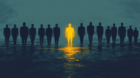 A striking image depicting a unique individual illuminated in bright light among dark silhouettes, symbolizing identity, uniqueness, and the courage to stand out in a crowd.の素材