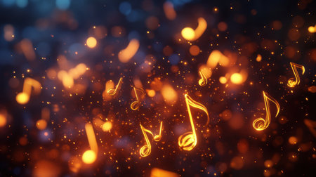 Vibrant and ethereal depiction of glowing music notes floating in a dynamic and colorful space, conveying a sense of joy and artistic expression.の素材