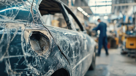 A detailed view of a damaged car in an auto repair shop, showcasing scratches and imperfections. The workshop setting is busy with mechanics working on vehicles.の素材