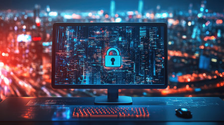 A captivating visual representation of digital security with a lock symbol displayed on a computer screen, showcasing a vibrant city skyline illuminated at night, emphasizing the importance of online protection and privacy.の素材