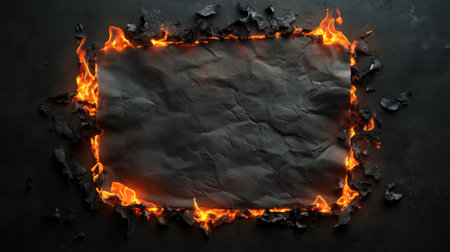 An artistic frame created with vibrant flames around crumpled dark paper. The vivid contrast of fire and shadow adds depth and drama to any creative project.の素材