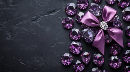 A captivating arrangement of purple gems with a satin bow, set against a dark stone background, ideal for showcasing elegance and luxury in designs.の素材