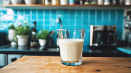 A refreshing glass of milk sits on a wooden counter, surrounded by a cozy kitchen backdrop. The bright colors and modern design create an inviting atmosphere.の素材