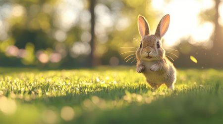 A cute bunny rabbit hops joyfully across lush green grass, illuminated by warm sunlight. This serene outdoor scene captures the essence of nature and playfulness.の素材