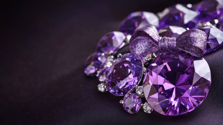 This stunning closeup features elegant purple gemstones adorned with a bow, set against a dark fabric background, showcasing beauty and luxury.の素材