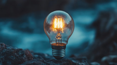 A vintage light bulb casts a warm glow on textured rocks, creating a serene ambiance against a soft blue background, evoking creativity and tranquility.の素材