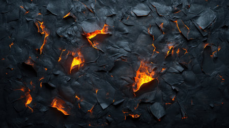 This abstract image features a black background with glowing orange fire elements, creating a striking contrast. The texture and patterns evoke a sense of energy and warmth.の素材