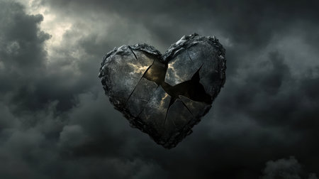 A striking image of a broken heart shaped stone against a dark stormy sky. Dramatic clouds enhance the emotional impact, symbolizing sorrow and loss.の素材