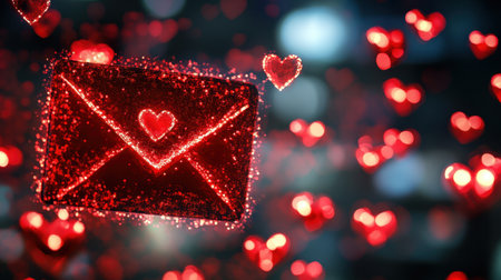 A vibrant digital illustration featuring a sparkling envelope surrounded by glowing hearts, perfect for expressing love and affection in a romantic context.の素材