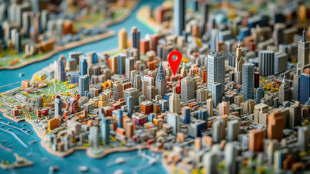 Explore a vibrant 3D city map showcasing an urban landscape with detailed buildings and a pinpoint marker highlighting a specific location, inviting exploration.の素材