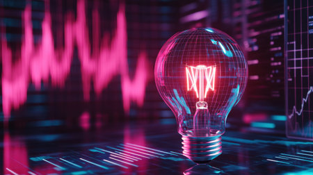 This vibrant digital artwork features a neon light bulb against an abstract background of graphs, symbolizing creativity and innovation in technology.の素材