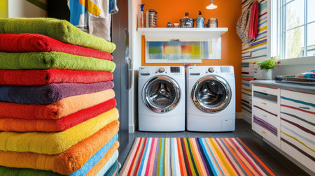 This bright and modern laundry room features vibrant towels stacked neatly, sleek washing machines, and colorful striped decor, creating an inviting space for household chores.の素材