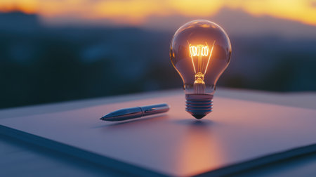 A stunning visual of a floating light bulb above a sheet of paper and pen, set against a vibrant sunset background. This image captures the essence of creativity and inspiration.の素材
