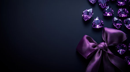This stunning image features a luxurious purple bow alongside sparkling amethyst gemstones on a dark background, perfect for celebrations and gifts.の素材
