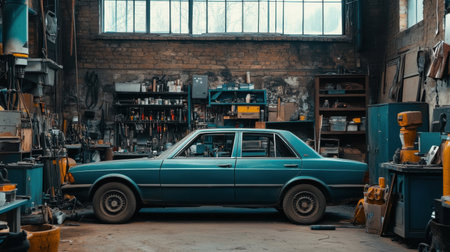 A vintage car parked in an industrial garage filled with various tools and equipment, showcasing a mechanic's workspace rich in character and history.の素材
