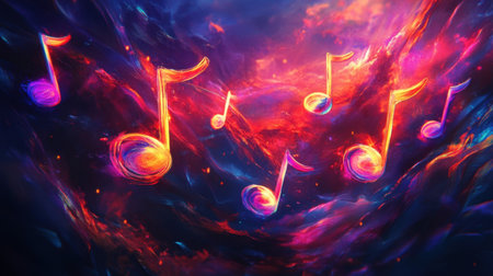 A mesmerizing display of vibrant musical notes floating amidst a colorful abstract background. This artwork captures the essence of creativity and sound through its dynamic colors and imaginative design.の素材