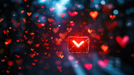 This vibrant image features an email icon surrounded by glowing red hearts, symbolizing love and connection. Perfect for themes of romance and communication.の素材