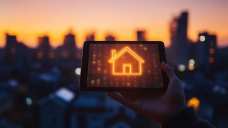 A hand holds a tablet displaying a glowing home icon against a stunning urban sunset. This image symbolizes modern living and smart home technology in a bustling city.の素材