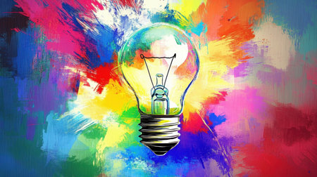 A vibrant composition featuring a light bulb surrounded by an explosion of colorful paint splashes. This artwork symbolizes creativity and inspiration, making it ideal for concepts related to innovation and ideas.の素材
