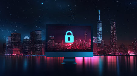 A stunning digital security concept featuring a computer screen with a lock symbol set against a vibrant city skyline at night, emphasizing protection and confidentiality.の素材